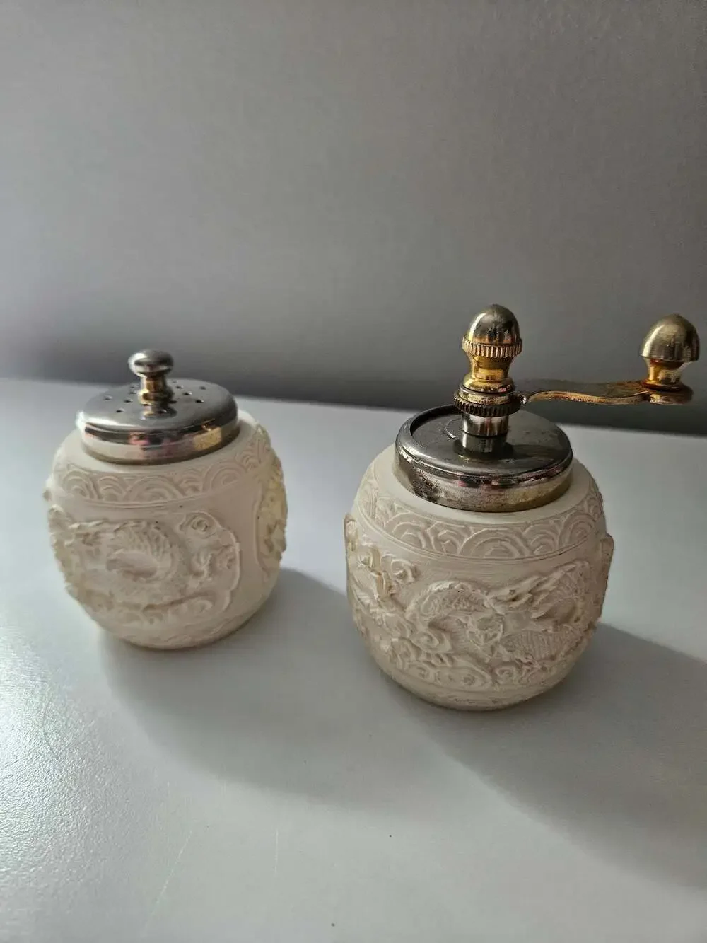 Vintage Italian Carved Faux Bone/Resin Dragon Motif Salt and Pepper Grinder Set